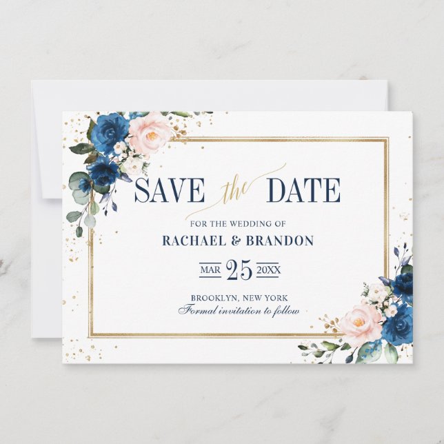 Navy Blue Blush Pink Geometric Save the date (Front)