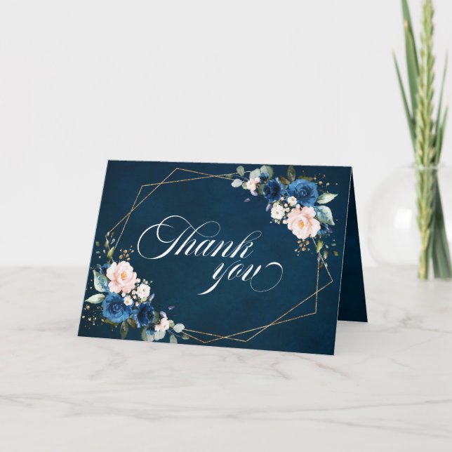 Navy Blue Blush Pink Geometric Wedding Thank You Card (Front)
