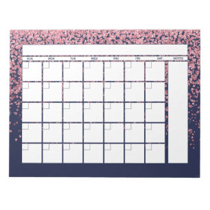 Navy Blue Blush Pink Glitter Monthly Calendar Notepad