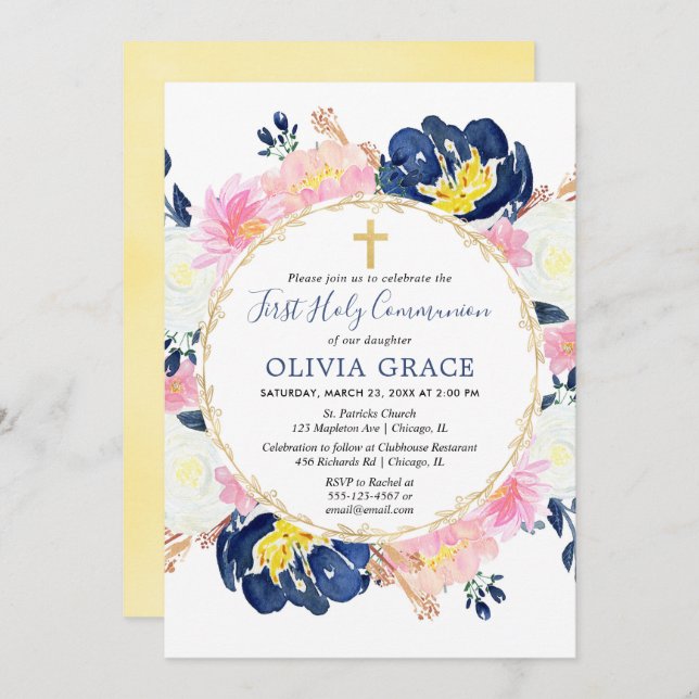 Navy blue blush pink gold floral first communion invitation (Front/Back)