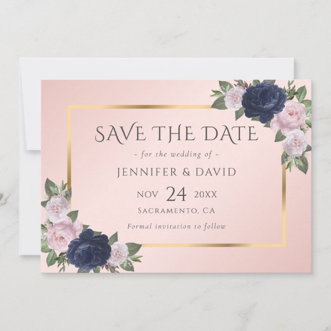 Navy Blue Blush Pink Gold Floral Save The Date (Front)