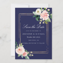 Navy Blue Blush Pink Gold Save the Date