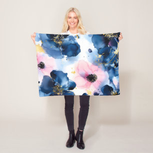 Navy Blue Blush Pink Gold Watercolor Floral Fleece Blanket