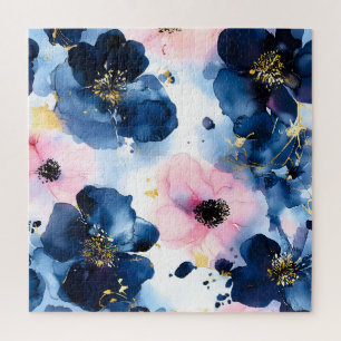 Navy Blue Blush Pink Gold Watercolor Floral Jigsaw Puzzle