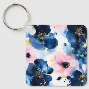 Navy Blue Blush Pink Gold  Watercolor Floral Keychain