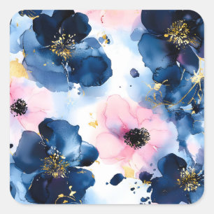 Navy Blue Blush Pink Gold  Watercolor Floral Square Sticker