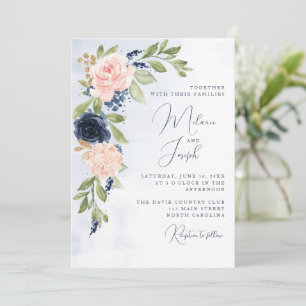 Navy Blue Blush Pink Gold Wedding Invitation