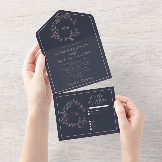 Navy Blue Blush Pink Leafy Crest Monogram Wedding All In One Invitation (Tearaway)