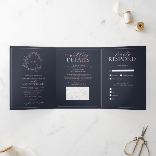 Navy Blue Blush Pink Leafy Crest Monogram Wedding Tri-Fold Invitation (Inside)