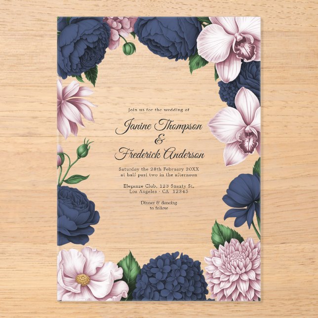 Navy Blue & Blush Pink Modern Botanical Wedding Acrylic Invitations (Front)