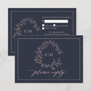 Navy Blue Blush Pink Monogram Wedding RSVP Card