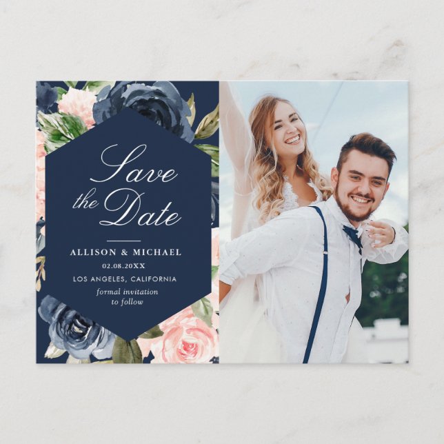 navy blue & blush pink photo save the date postcard (Front)