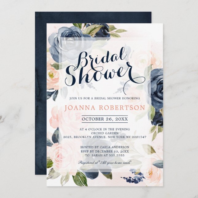 Navy Blue Blush Pink Rose Boho Bridal Shower Invitation (Front/Back)