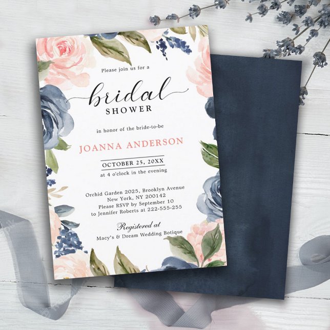 Navy Blue Blush Pink Rose Boho Bridal Shower Invitation (Navy blue blush pink bridal shower invitation)