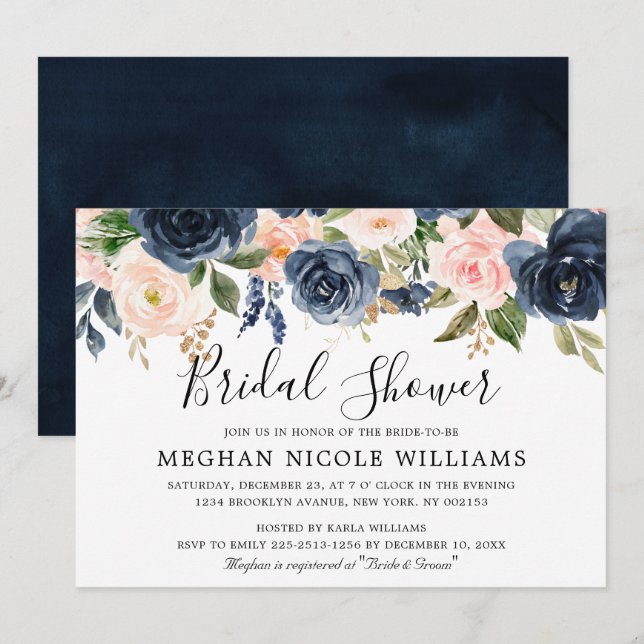 Navy Blue Blush Pink Rose Boho Bridal Shower Invitation (Front/Back)