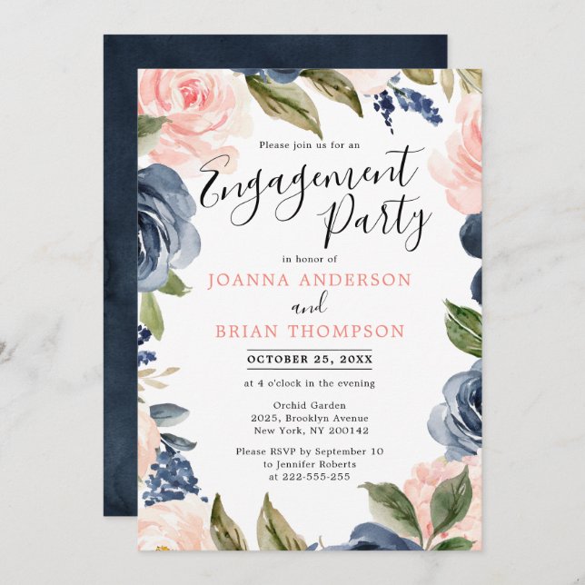 Navy Blue Blush Pink Rose Boho Engagement Party Invitation (Front/Back)