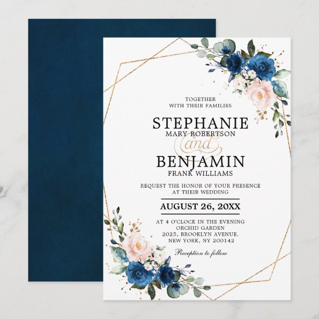 Navy Blue Blush Pink Rose Boho Geometric Wedding Invitation (Front/Back)