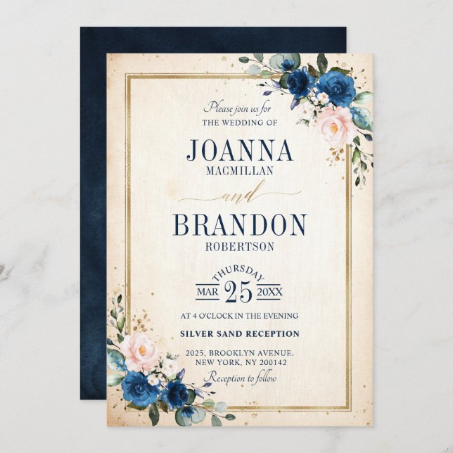 Navy Blue Blush Pink Rose Boho Geometric Wedding Invitation (Front/Back)