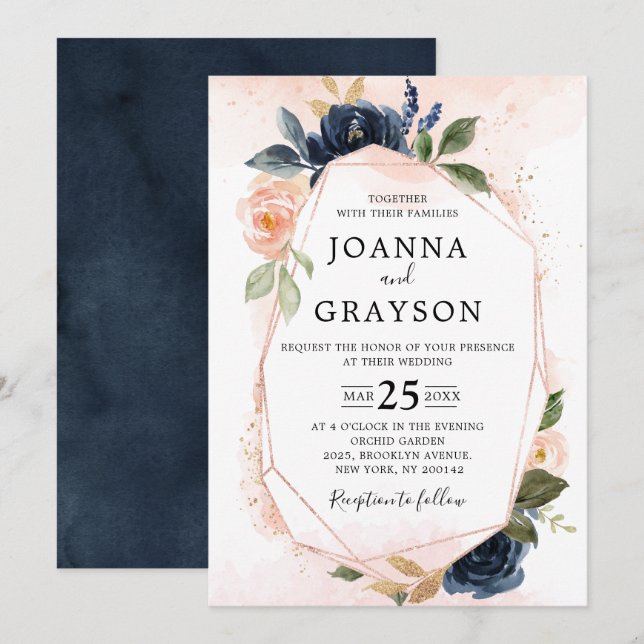 Navy Blue Blush Pink Rose Boho Geometric Wedding Invitation (Front/Back)