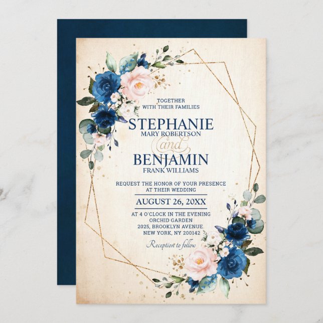 Navy Blue Blush Pink Rose Boho Geometric Wedding Invitation (Front/Back)