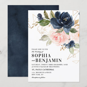 Navy Blue Blush Pink Rose Boho Geometric Wedding Invitation