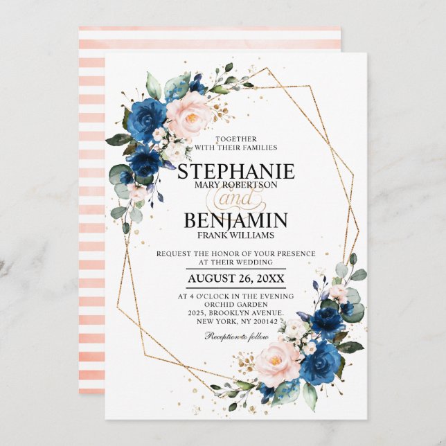 Navy Blue Blush Pink Rose Boho Geometric Wedding Invitation (Front/Back)