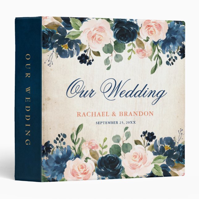 Navy Blue Blush Pink Rose Boho Rustic Wedding Binder (Front/Spine)