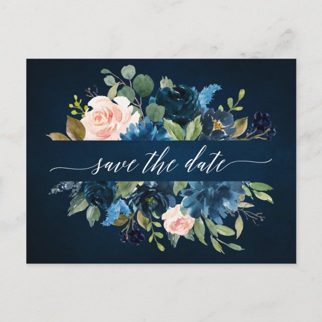 Navy Blue Blush Pink Rose Boho Save the Date Announcement Postcard (Front)