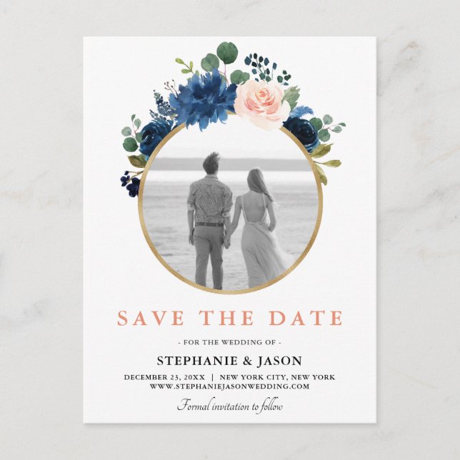 Navy Blue Blush Pink Rose Boho Save the Date Announcement Postcard (Front)
