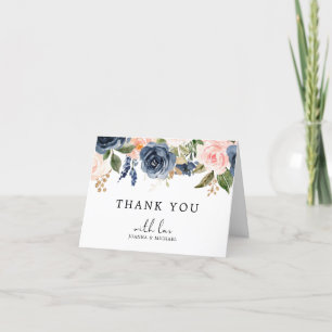 Navy Blue Blush Pink Rose Boho Thank You Card