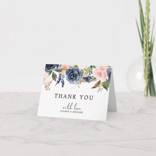 Navy Blue Blush Pink Rose Boho Thank You Card (Front)