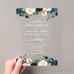 Navy Blue Blush Pink Rose Boho Wedding Acrylic Invitations