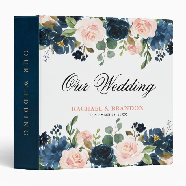 Navy Blue Blush Pink Rose Boho Wedding Binder (Front/Spine)