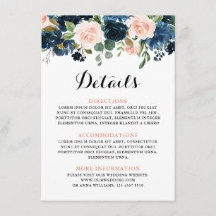 Navy Blue Blush Pink Rose Boho Wedding Details Enclosure Card