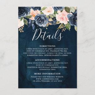 Navy Blue Blush Pink Rose Boho Wedding Details Enclosure Card