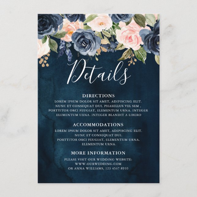 Navy Blue Blush Pink Rose Boho Wedding Details Enclosure Card (Front)