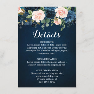Navy Blue Blush Pink Rose Boho Wedding Details Enclosure Card