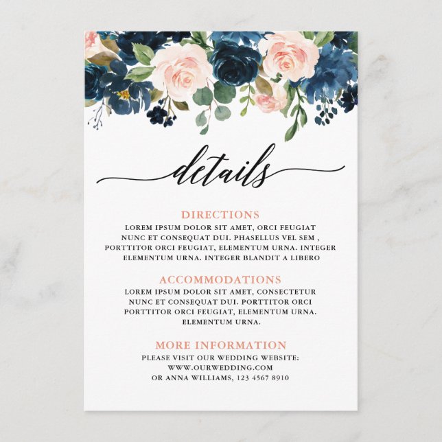 Navy Blue Blush Pink Rose Boho Wedding Details Enclosure Card (Front)