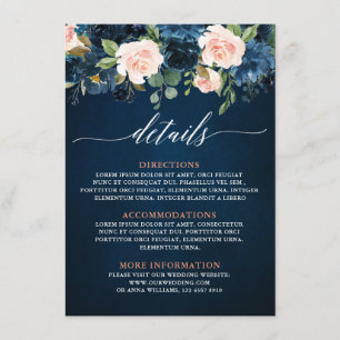 Navy Blue Blush Pink Rose Boho Wedding Details Enclosure Card