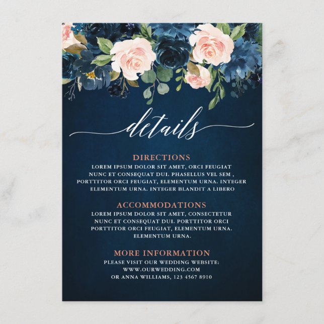 Navy Blue Blush Pink Rose Boho Wedding Details Enclosure Card (Front)