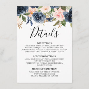 Navy Blue Blush Pink Rose Boho Wedding Details Enclosure Card