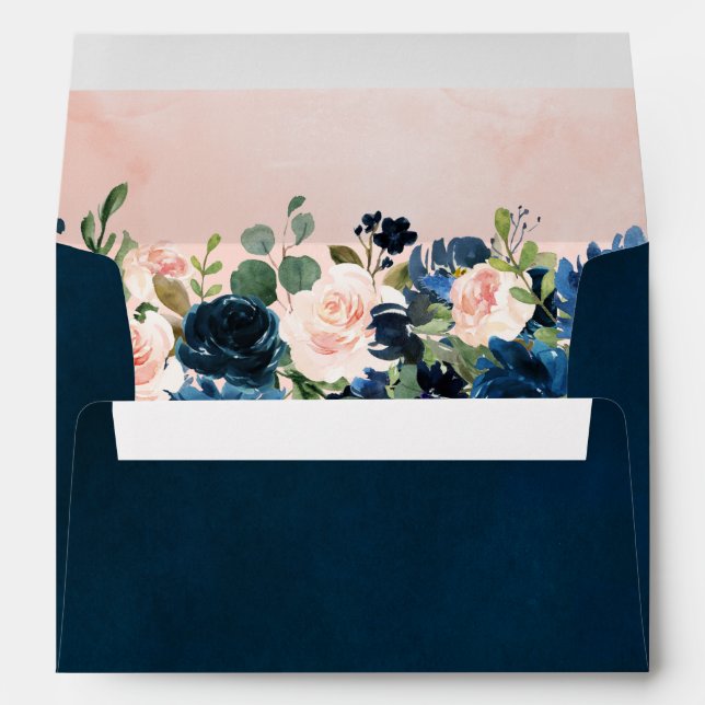 Navy Blue Blush Pink Rose Boho Wedding Envelope (Back (Bottom))