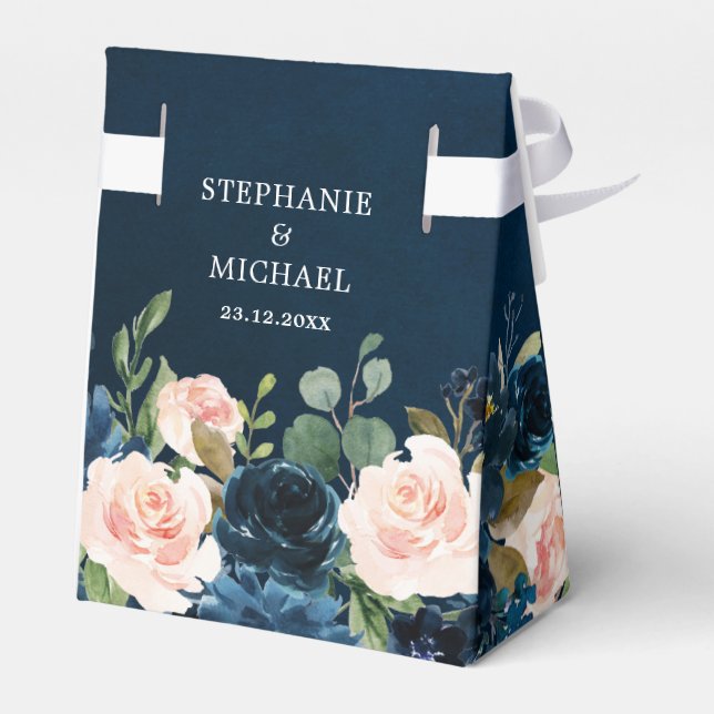 Navy Blue Blush Pink Rose Boho Wedding Favor Box (Back Side)