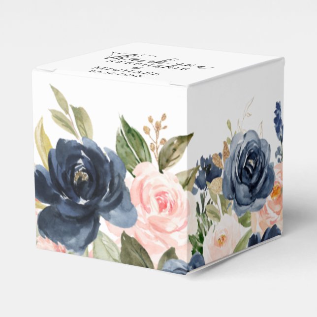 Navy Blue Blush Pink Rose Boho Wedding Favor Box (Front Side)