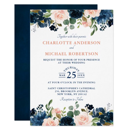 Navy Blue Blush Pink Rose Boho Wedding Invitation Zazzle.ca