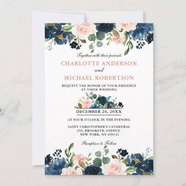 Navy Blue Blush Pink Rose Boho Wedding Invitation (Front)