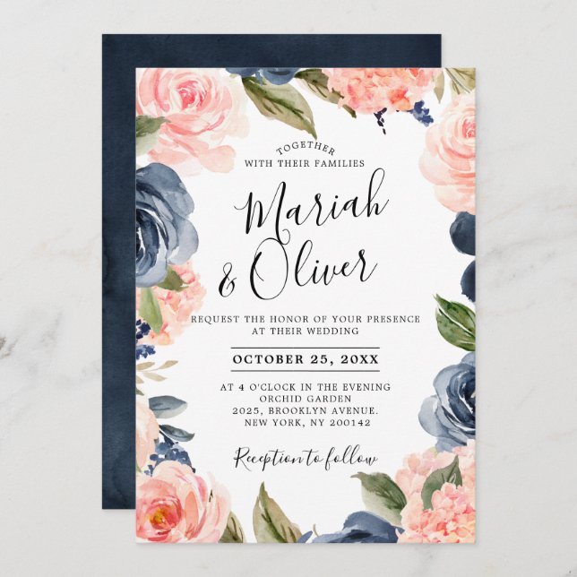Navy Blue Blush Pink Rose Boho Wedding Invitation (Front/Back)
