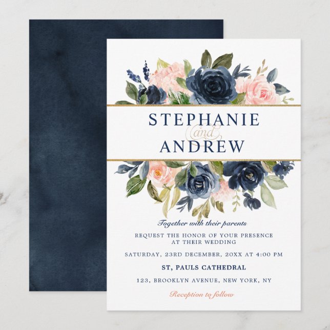 Navy Blue Blush Pink Rose Boho Wedding Invitation (Front/Back)
