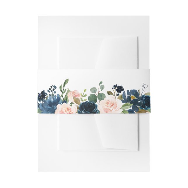 Navy Blue Blush Pink Rose Boho Wedding Invitation Belly Band (Front Example)