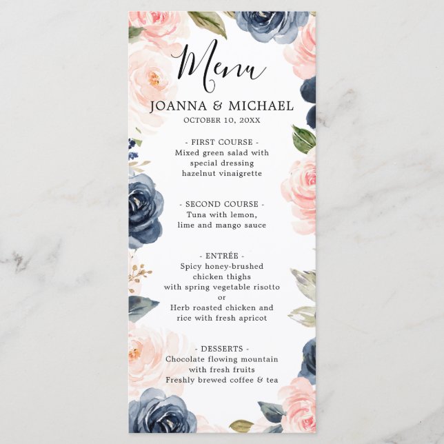 Navy Blue Blush Pink Rose Boho Wedding Menu (Front)